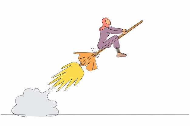 Desenho de uma única linha de uma mulher de negócios árabe montando um foguete de vassoura voando Negócio de sucesso