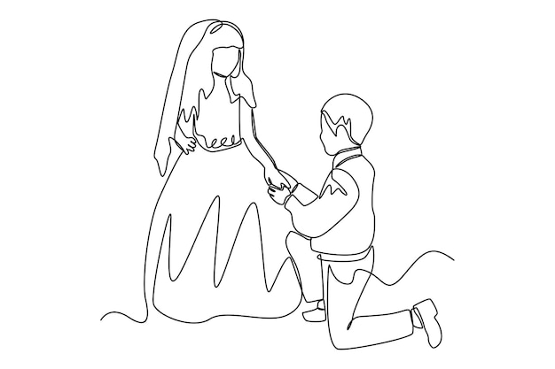 Desenho de uma única linha menino bonito e menina jogando noiva e noivo conceito de casamento desenho de linha contínua ilustração em vetor gráfico