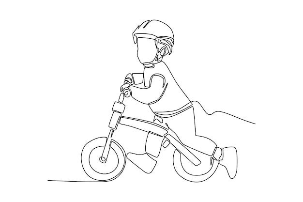 Desenho de uma única linha menino feliz andando de bicicleta com capacete conceito do dia mundial da bicicleta desenho de desenho de linha contínua ilustração em vetor gráfico