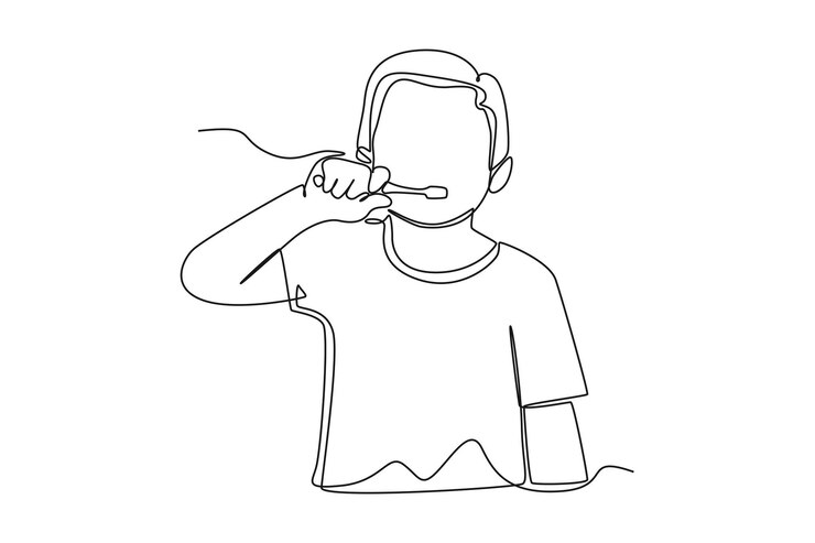 Desenho de uma única linha menino feliz escovando os dentes Conceito de atividades de banheiro Desenho de desenho de linha contínua ilustração em vetor gráfico