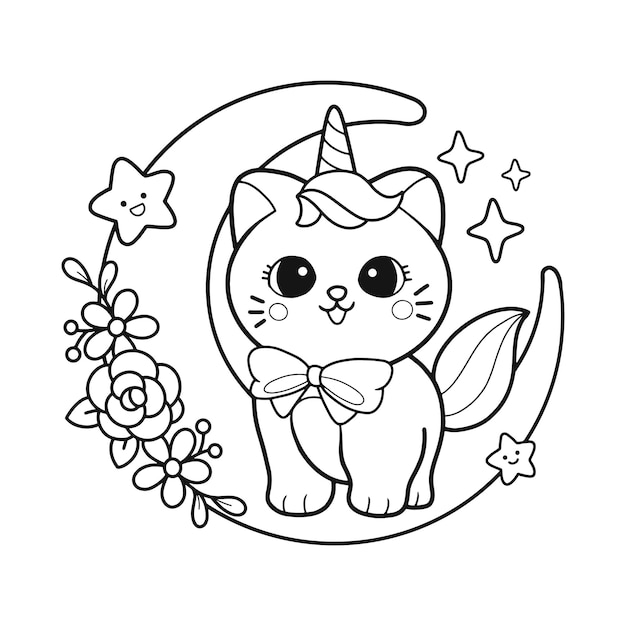 Desenho de unicórnio de gato fofo na lua crescente desenhada à mão para colorir