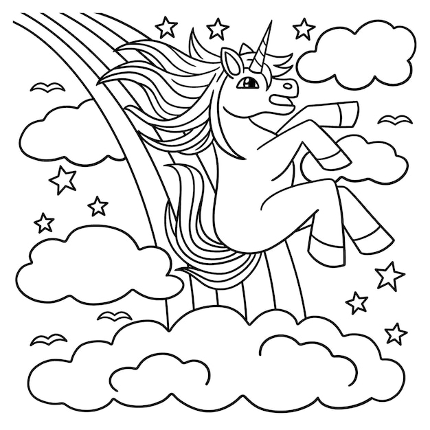 Desenho para Colorir de um Lindo Unicórnio Saltando Sobre um Arco Iris