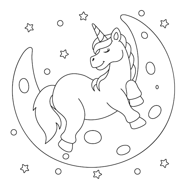 Desenho de unicórnio dormindo na lua para colorir