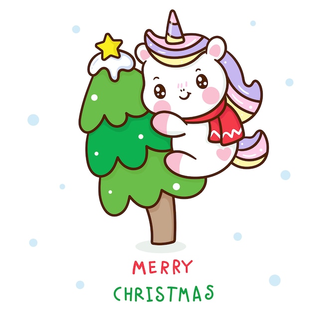 Desenho de unicórnio fofo abraçando árvore de natal kawaii desenhado à mão