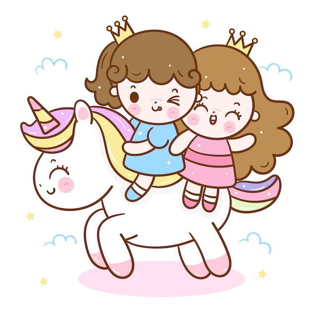 Desenho de unicórnio fofo e duas princesinha