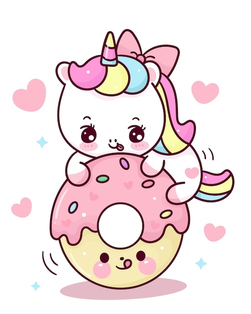 Desenho de unicórnio fofo, menina e rosquinha doce, dia dos namorados, kawaii clipart