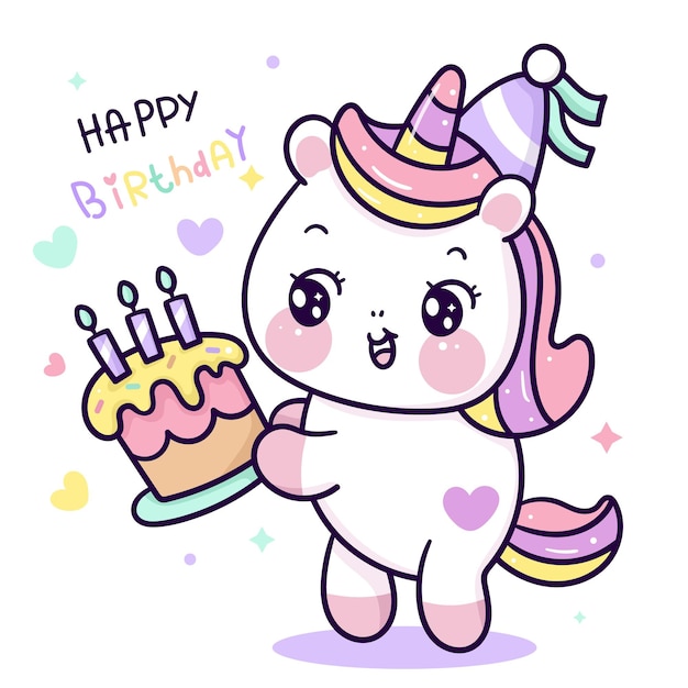 Desenho de unicórnio fofo segurando um bolo de aniversário para um animal kawaii de festa