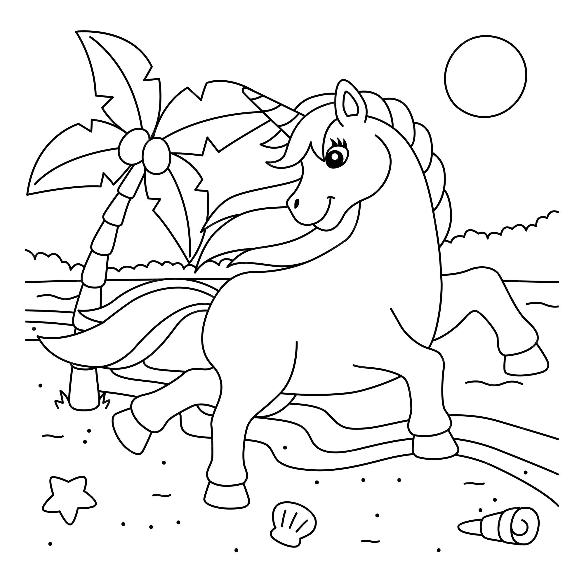 Desenho de Unicórnio na praia para colorir