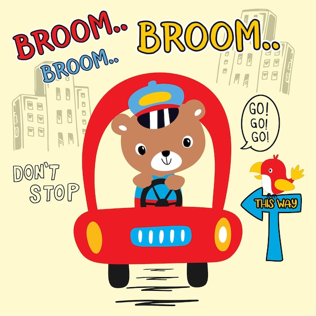 Desenho de ursinho fofo dirigindo uma ilustração de carro de corrida vermelho impressão vetorial para uso infantil