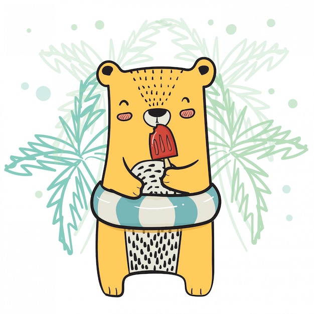 Desenho de urso amarelo bonito com anel de vida com sorvete de picolé de morango no horário de verão