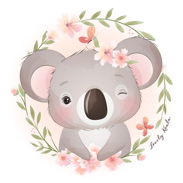 Desenho de urso coala fofo com ilustração floral