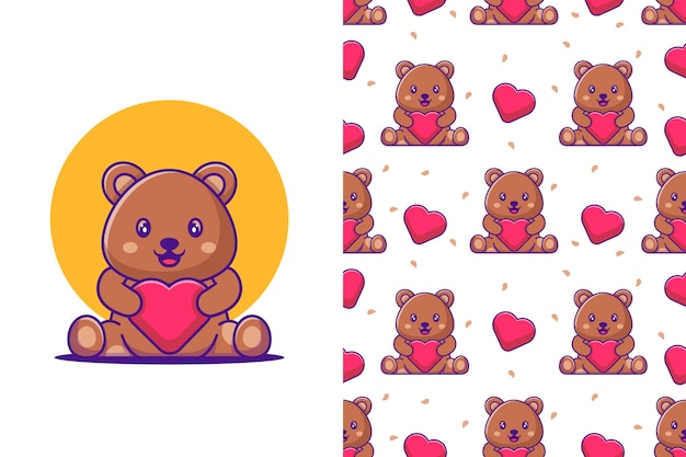 Desenho de urso fofo e amor com padrão sem emenda