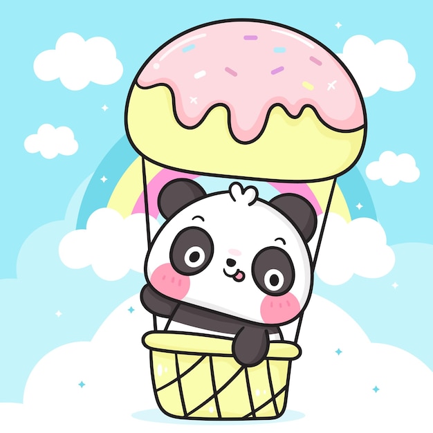 Vetor desenho de urso panda fofo em balão de sorvete com animal kawaii arco-íris pastel