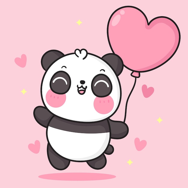 Desenho de urso panda fofo segurando balão de coração para animal kawaii de  festa de aniversário