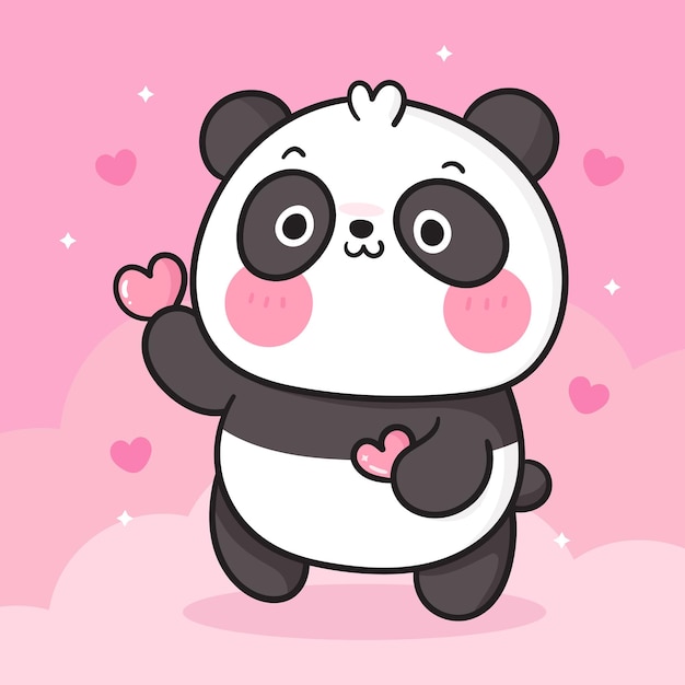 Desenho de urso panda fofo segurando coração de animal kawaii