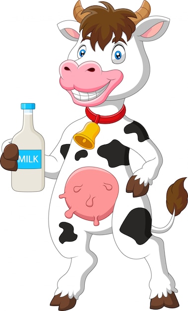 Vetor desenho de vaca bonito com garrafa de leite