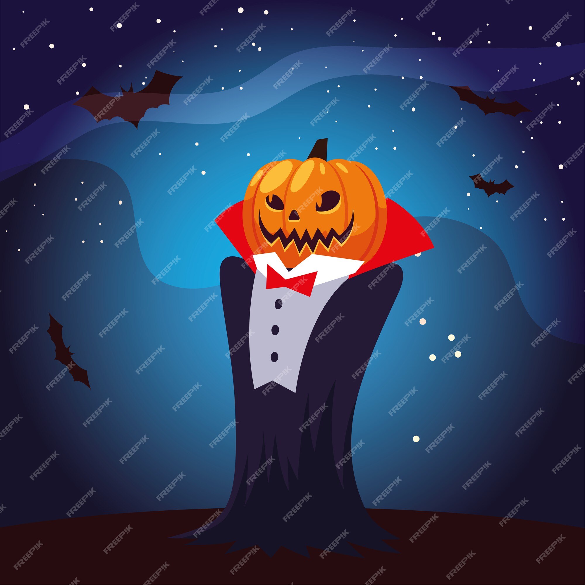 Desenho de vampiro de halloween com máscara de abóbora à noite, ilustração  de férias e tema assustador