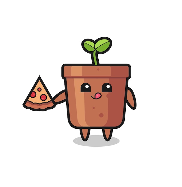 Desenho de vaso de planta bonito comendo pizza design de estilo bonito para elemento de logotipo de adesivo de camiseta