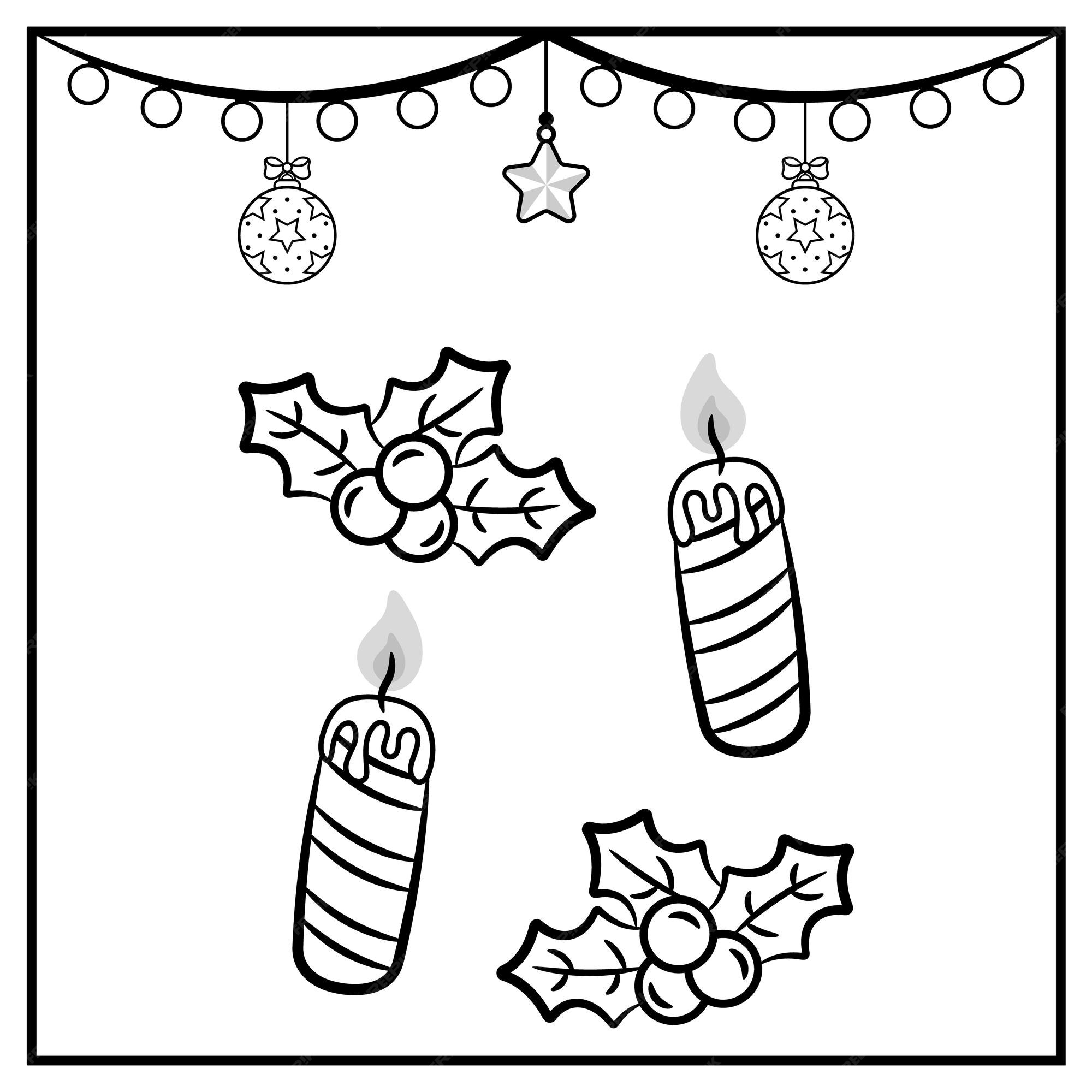 Desenho de velas de natal com enfeites para colorir