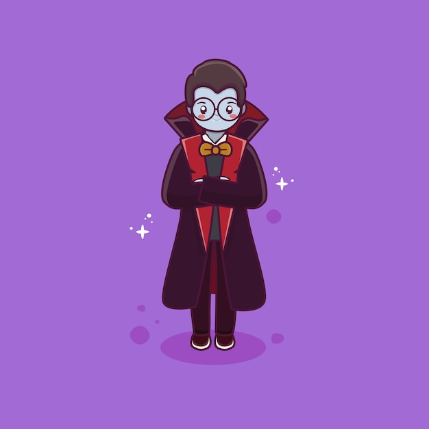 Desenho de vetor de drácula fofo com estilo cartoon plano desenho de mascote de personagem fofo de halloween