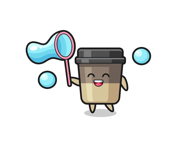 Desenho de xícara de café feliz jogando bolha de sabão, design de estilo fofo para camiseta, adesivo, elemento de logotipo