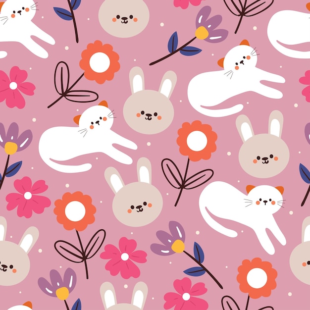desenho desenhado sem costura gato e coelho com flor papel de parede de animais bonitos para têxteis