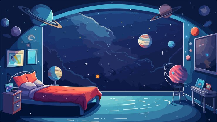 Vetor desenho deslumbrante de quartos com temas espaciais em cores cósmicas