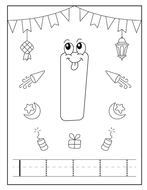 Vetor desenho do alfabeto eid feliz para colorir para crianças