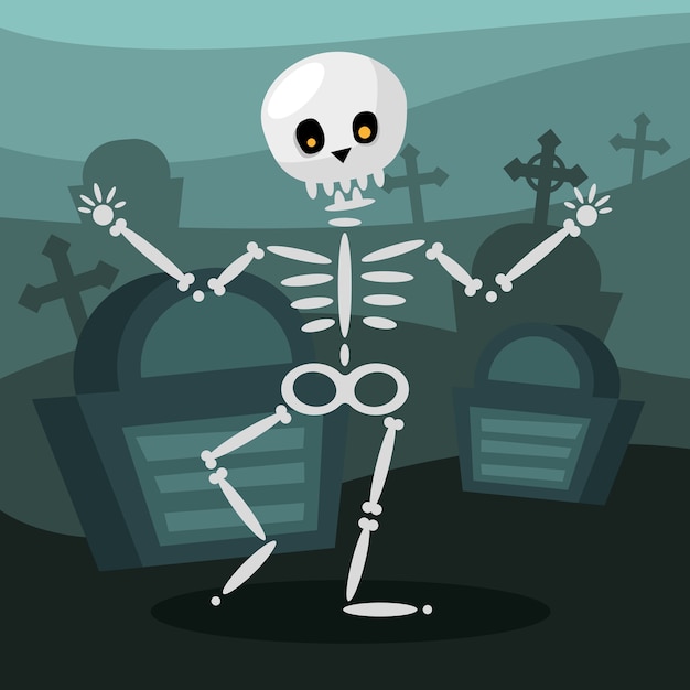 Desenho do crânio de Halloween no desenho do cemitério, tema assustador