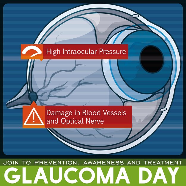 Vetor desenho do dia do glaucoma com varredura ocular doente e alertas devido a esta doença
