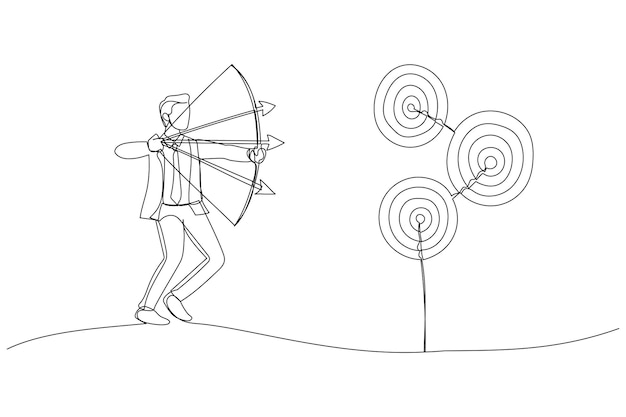 Desenho do empresário apontando vários arcos em três alvos metáfora para multitarefa ou estratégia de múltiplos propósitos visando muitos alvos ou objetivo estilo de arte de linha única