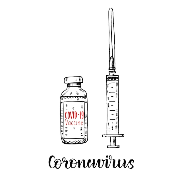 Desenho do frasco e da seringa da vacina contra o coronavírus covid-19 em estilo de esboço. vacina desenhada mão e injeção de seringa isolado no branco.