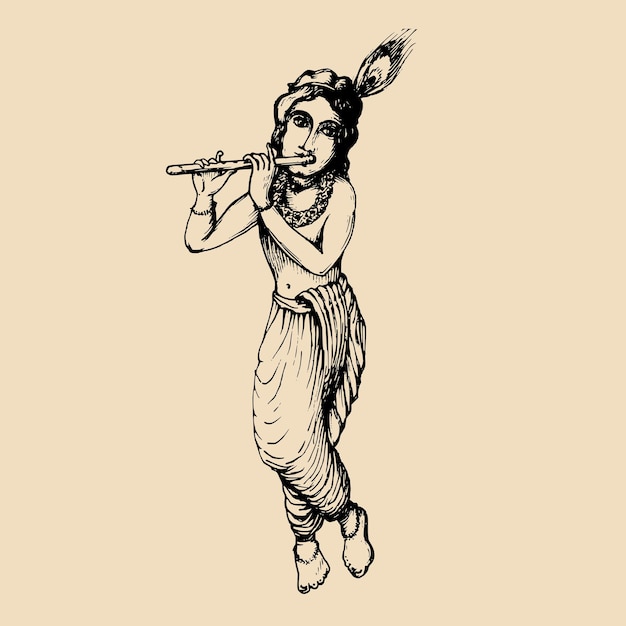 Desenho do jovem deus krishna. fundo de janmashtami feliz. ilustração vetorial desenhada para cartão de felicitações, cartaz do festival etc.