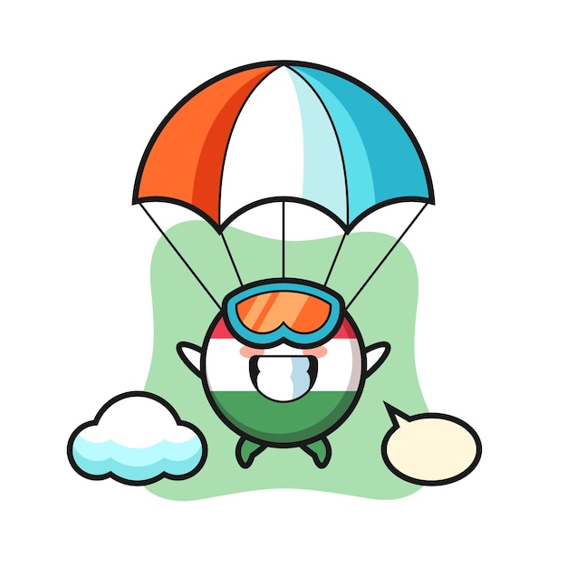 Desenho do mascote do emblema da bandeira da Hungria fazendo paraquedismo com um gesto feliz