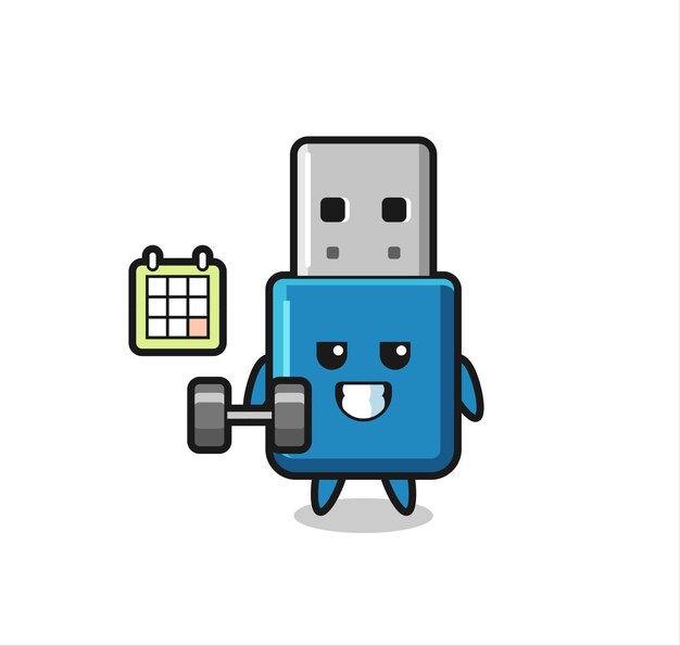 Desenho do mascote do flash drive usb fazendo exercícios com halteres