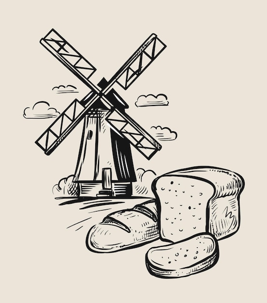 Desenho do moinho de vento e pão. Desenhado à mão.