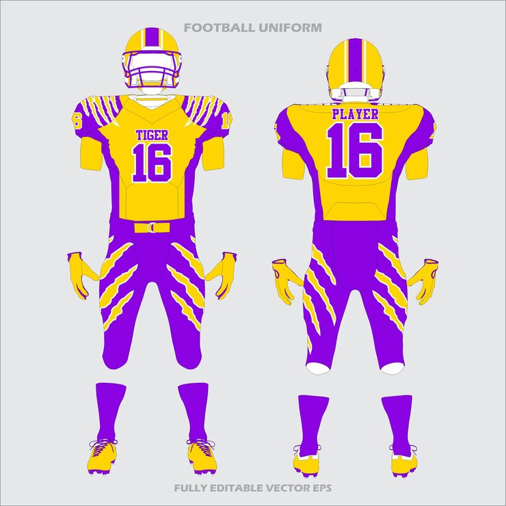 Vetor desenho do uniforme da equipe de futebol americano amarelo e roxo