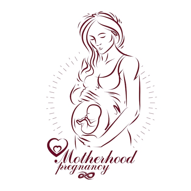 Desenho elegante da silhueta do corpo da mulher grávida. ilustração em vetor de futura mãe acaricia sua barriga. folheto de publicidade de apoio à gravidez e cuidados com a mãe