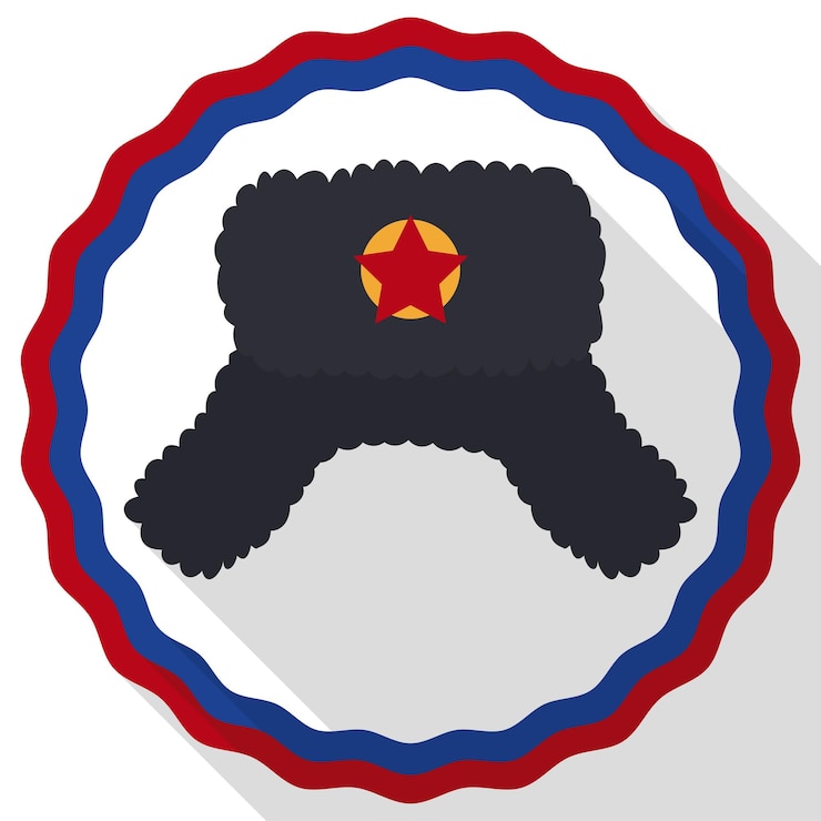 Vetor desenho em estilo plano e longa sombra de chapéu ushanka botão interior com listras como bandeira russa