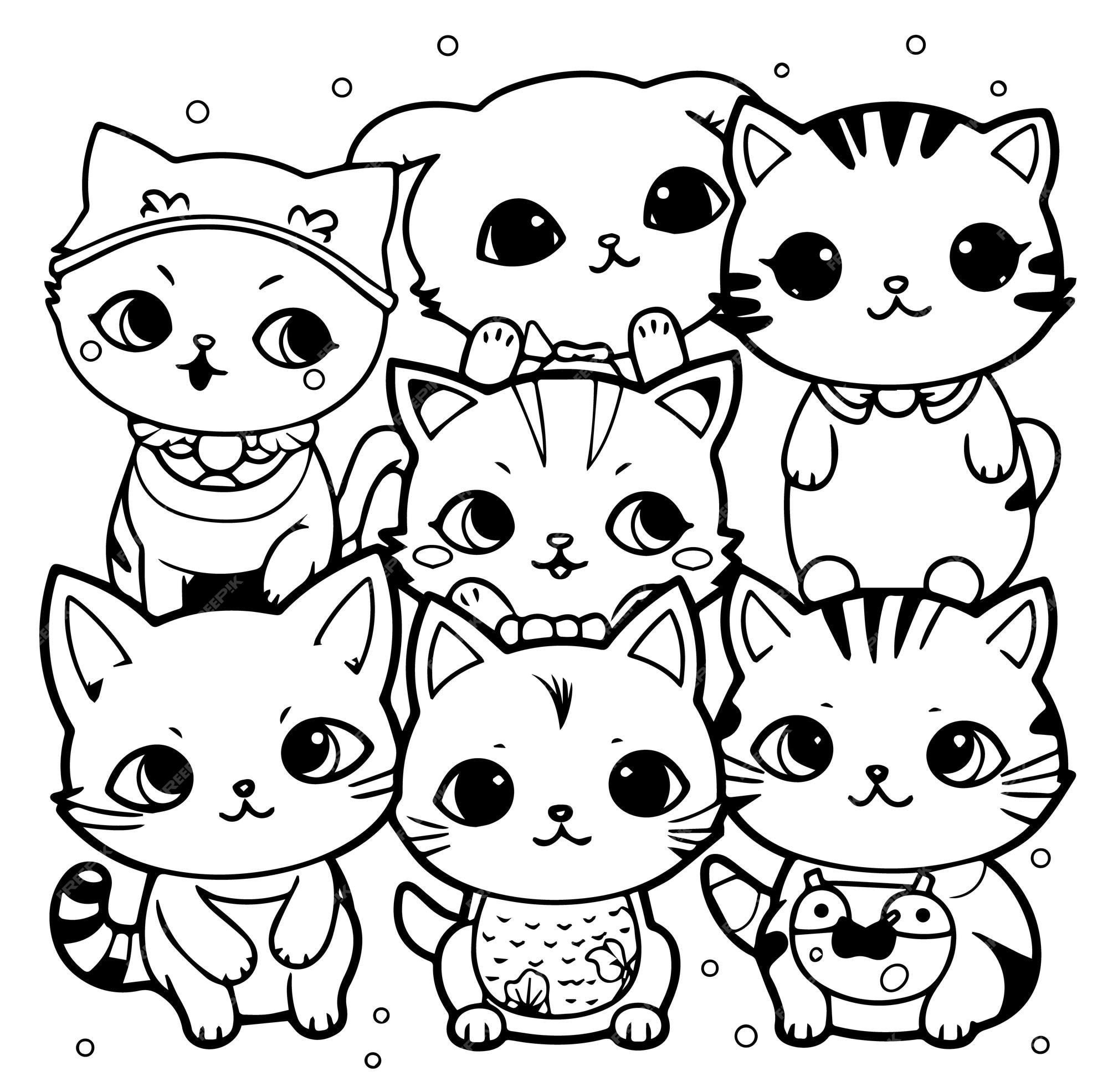 Desenho em preto e branco de um grupo de gatos para colorir e