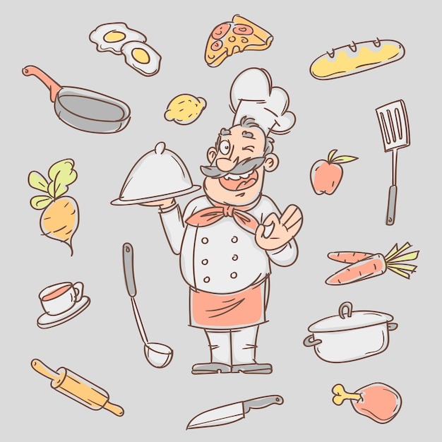 Vetor desenho esboço cozinheiro e vários objetos de cozinha. ilustração vetorial. sketch doodle.