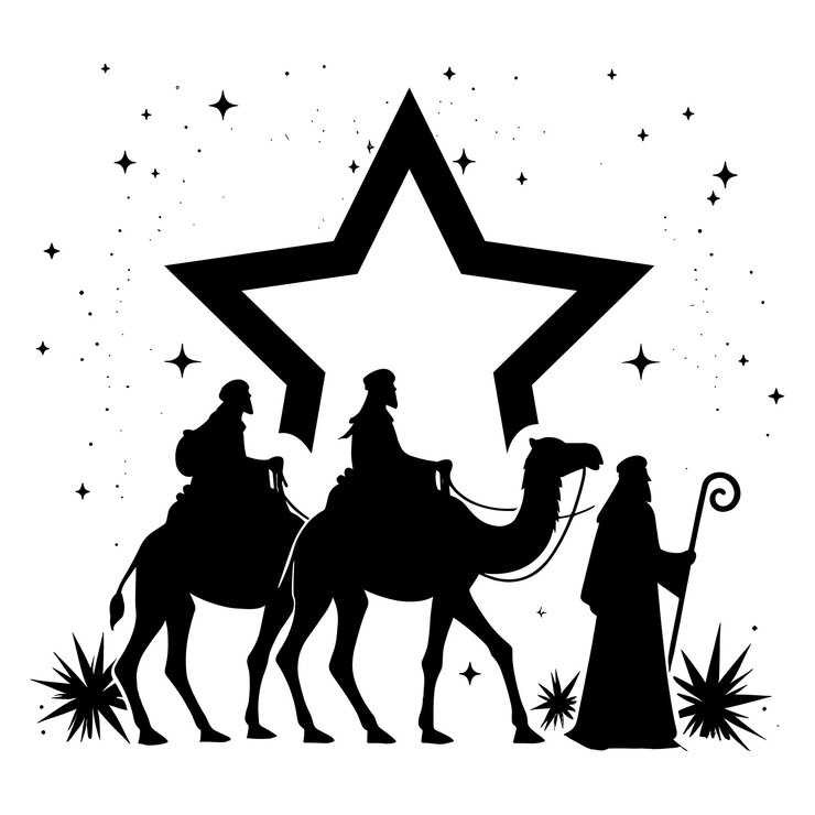 Vetor desenho feliz do dia da epifania silhueta dos três magos em camelo estrela brilhante nascimento de jesus