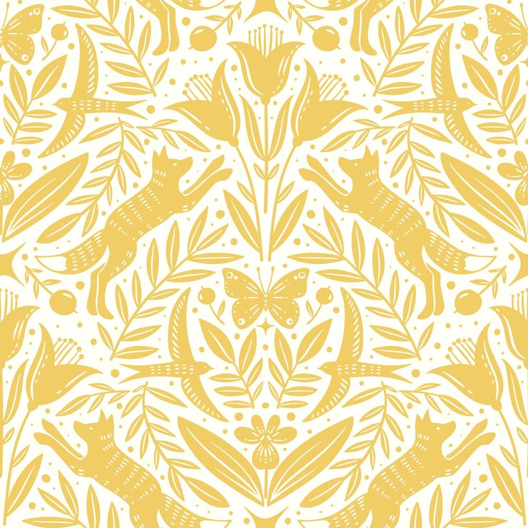 Vetor desenho floral de floresta desenhado à mão padrão sem costura animais decorativos raposa pássaro flores padrão sem costura