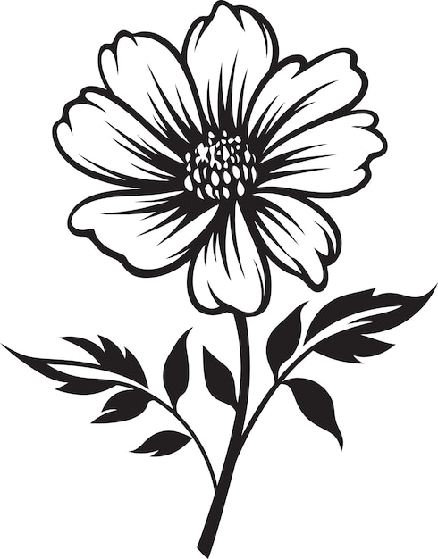 Vetor desenho floral renderizado à mão emblema vetorial monocromático expressivo doodle pétala simbolo de design preto