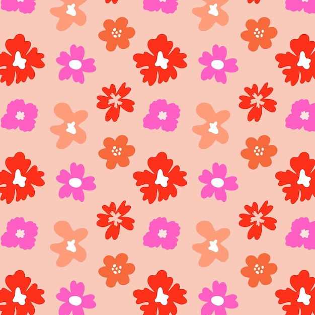 Desenho floral vibrante com flores de rosa brilhante e pêssego contra um fundo suave de pêssego