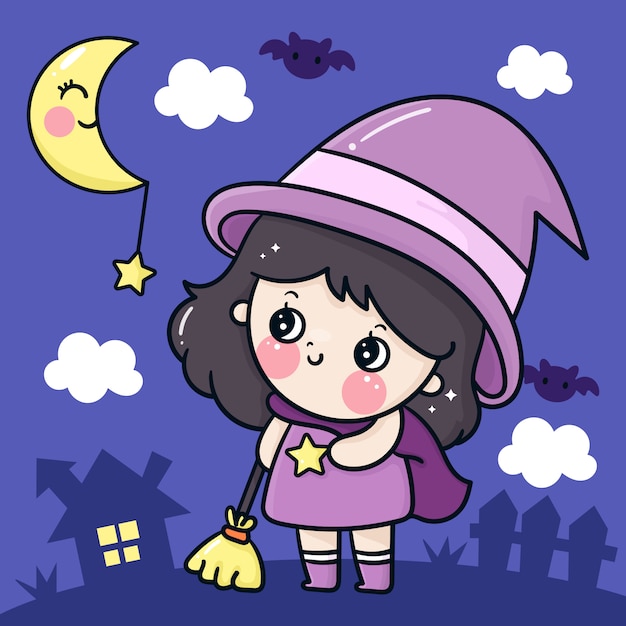 Vetor desenho fofo de halloween com vestido de bruxa e sorriso com personagem lua kawaii