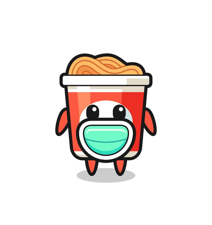 Vetor desenho fofo de macarrão instantâneo usando uma máscara, design de estilo fofo para camiseta, adesivo, elemento de logotipo