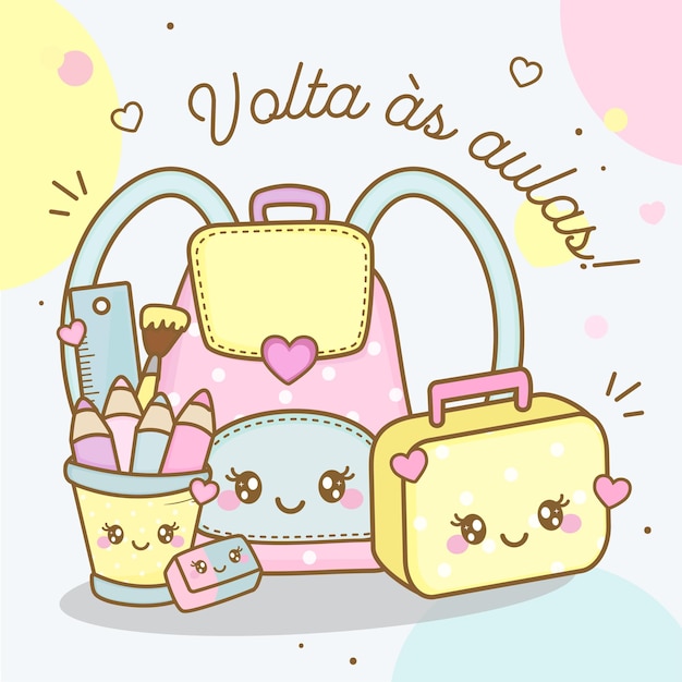 Vetor desenho fofo de material escolar no estilo kawaii