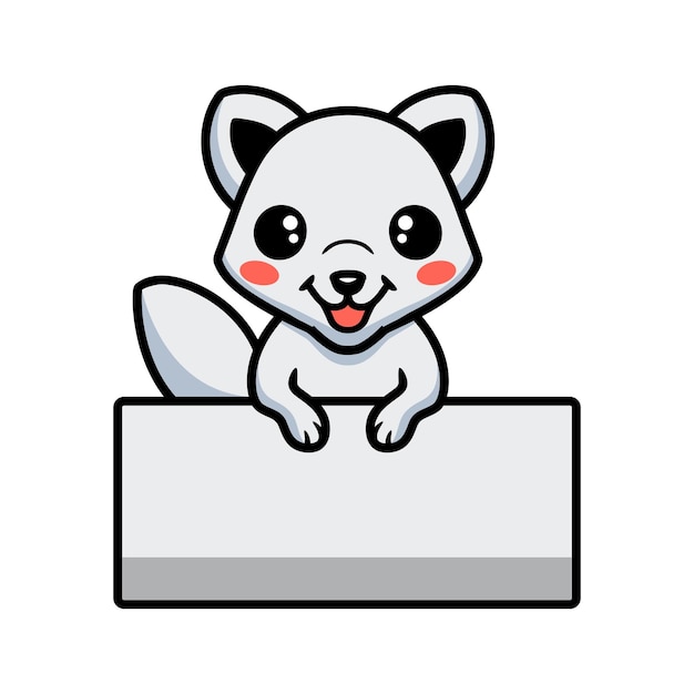 Desenho fofo de raposa ártica com um cartaz em branco