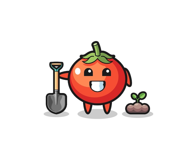 Desenho fofo de tomates está plantando uma semente de árvore, design fofo